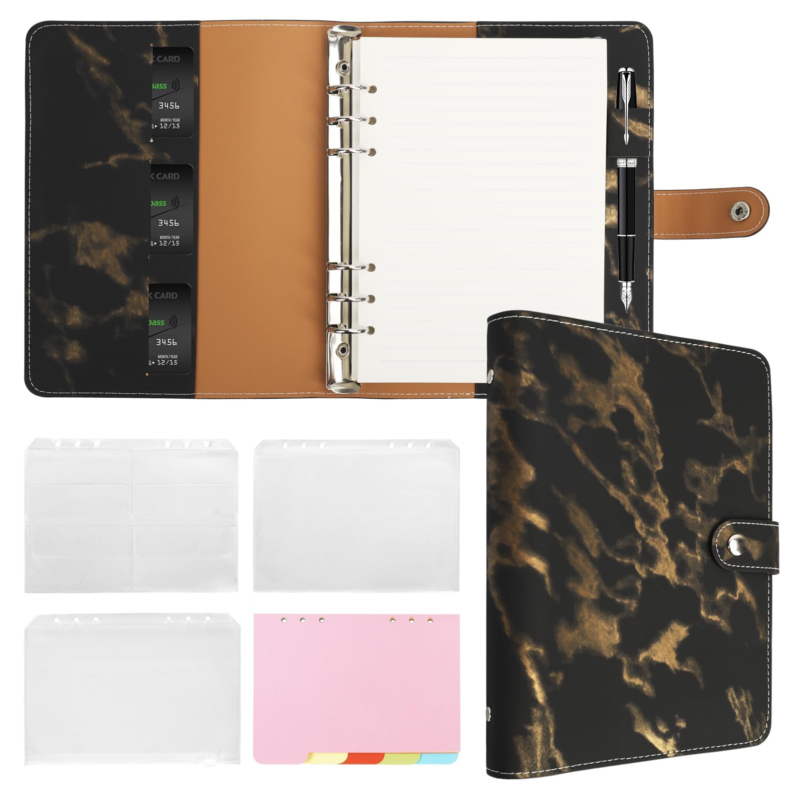 FYY A5 Binder Refillable Planner Notebook 6 Ring PU Leather Binder Journal with Pockets, Dividers, Refill Paper Marble Black A5 Marble Black