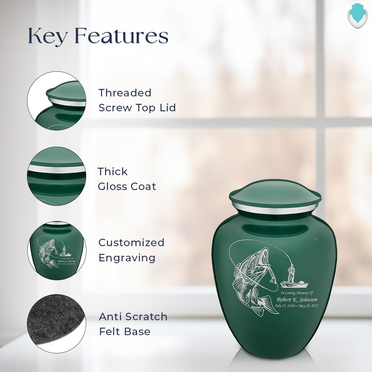 Geturns - Small Personalized Fishing Cremation Urns for Human Ashes I Green Funeral Urn for Men and Women I Holds up to 44 Cubic Inches
