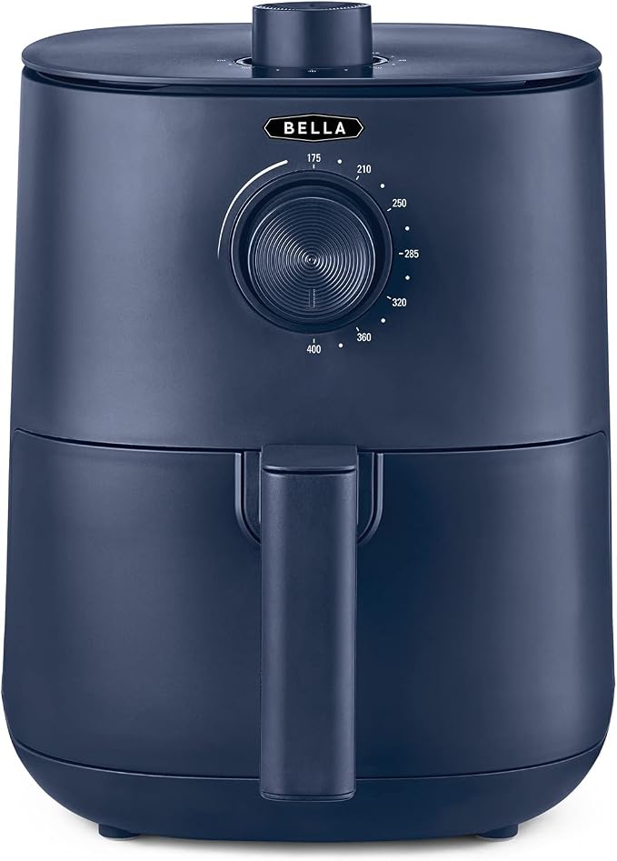 Matte blue BELLA 2.9 quart manual air fryer with temperature and timer knobs
