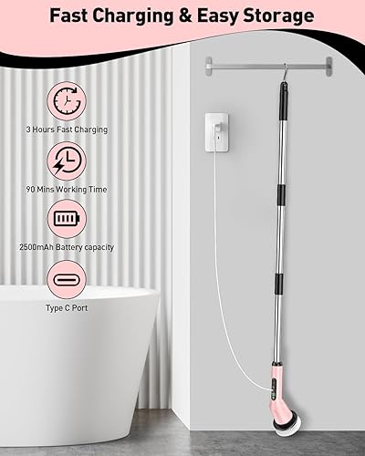Miniatura 5 de Cepillo de limpieza eléctrico giratorio para limpieza de baño, cepillo de ducha inalámbrico con clasificación de impermeabilidad IPX7 y 2