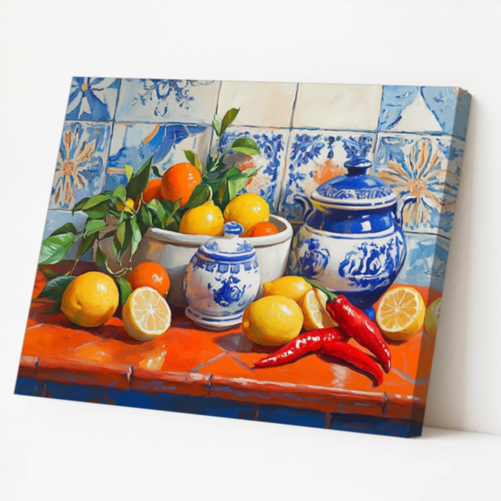 LMYSXAOZ Lemons Canvas Print Fresh Citrus Fruit & Blue Pottery Still Life Painting Farmhouse Kitchen Wall Decor Framed (red,40x50cm)