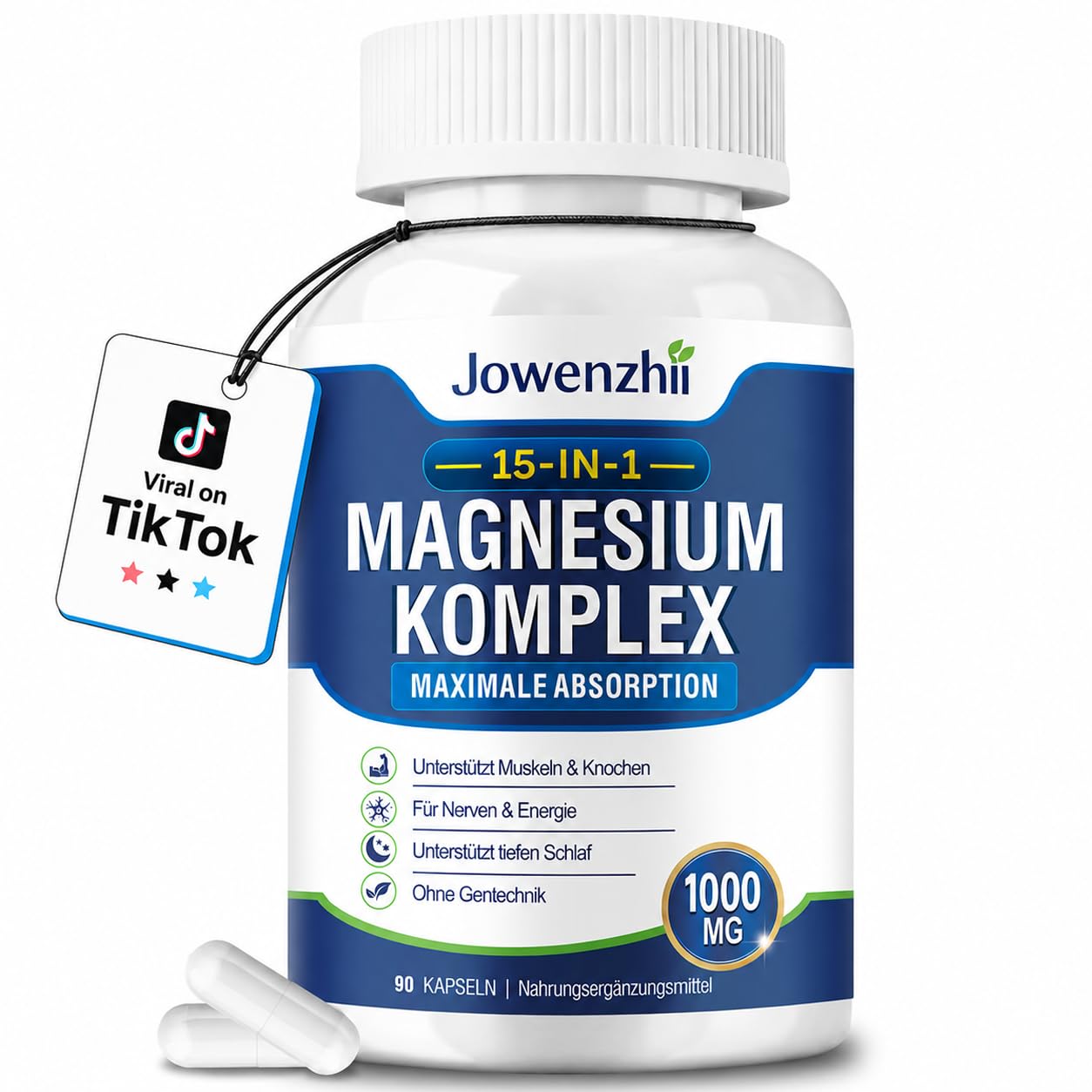 Magnesium Komplex 15-in-1 Kapseln – 1000 mg hochdosiert, 10 Magnesiumformen mit Bisglycinat, Citrat, Malat, Taurat, Zink & Vitaminen, für Muskeln, Nerven, Knochen & Energiestoffwechsel, 90 Kapseln