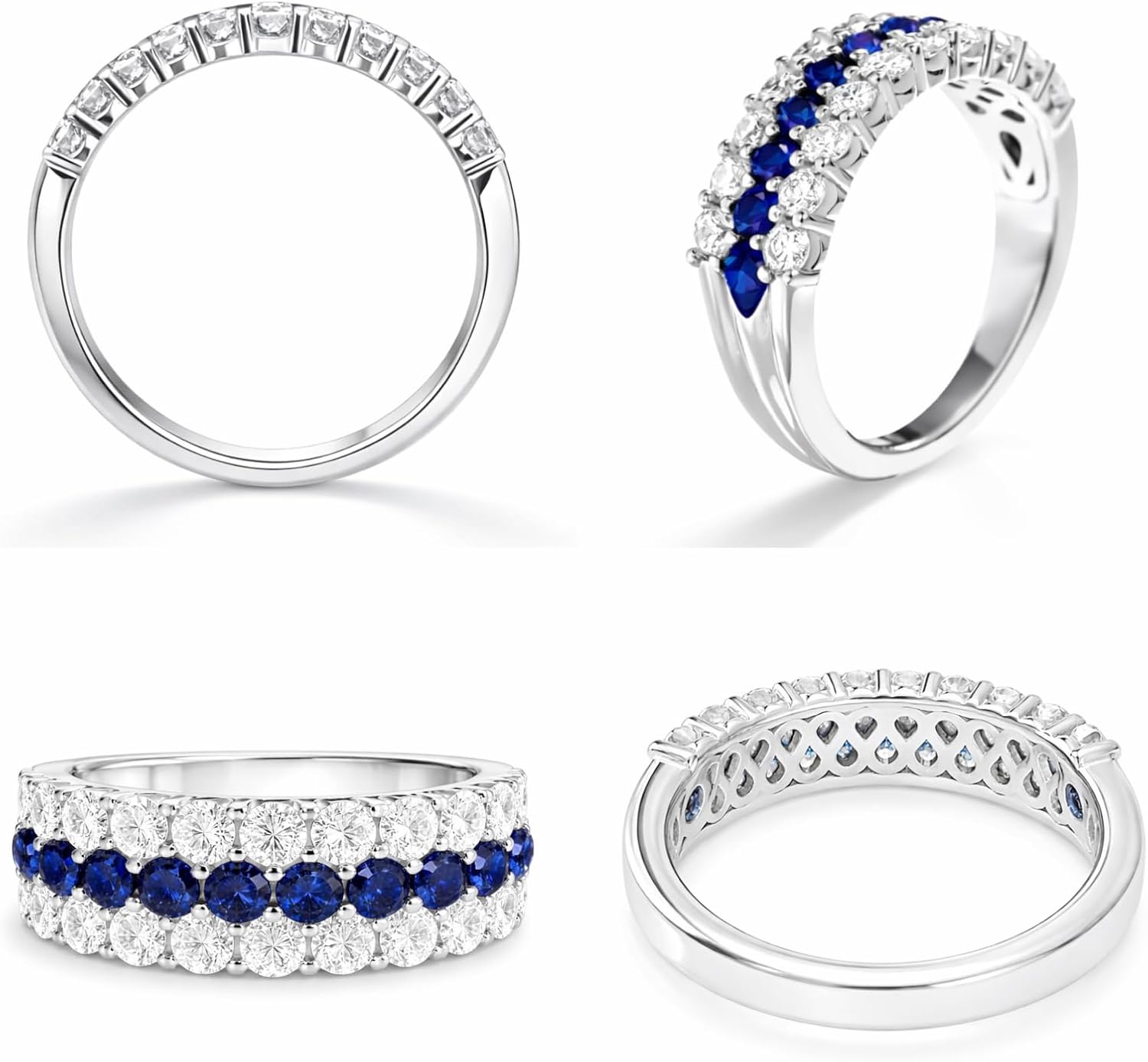 Three Row Blue Sapphire & Moissanite Band Ring for Women, Half Eternity Ring in 925 Sterling Silver Rhodium Plated, Lab-Grown Blue Sapphire, September Birthstone Anniversary Promise Gift