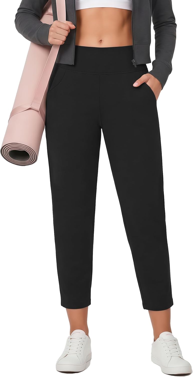 Houmous Women's Cotton Yoga Barrel Pants Wide Leg 26"/28" Petite Stretch Loose Lounge Travel Slacks Pockets