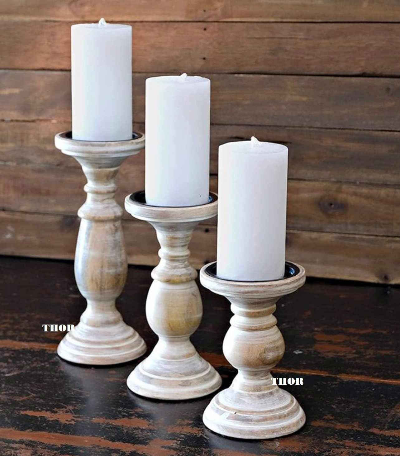 WSH - Set di 3 portacandele in legno per candele a colonna, colonne tornite arrotondate, legno sostenibile, stile country, aromaterapia, decorazione per la casa, 16,8 e 25,4 cm
