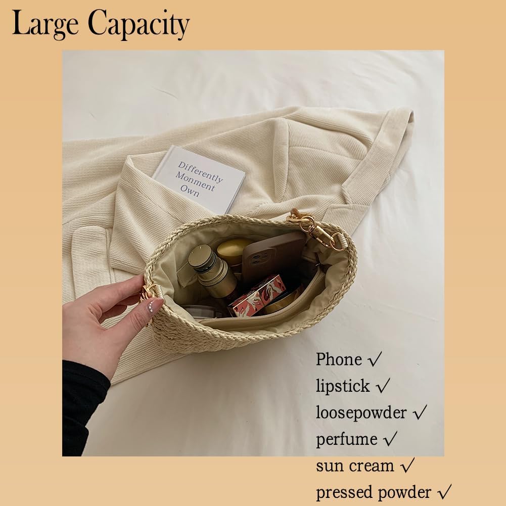 Women's Handmade Woven Shoulder Bags Straw Crossbody Purse Stylish Beach Hobo Handbags with Zipper Closure