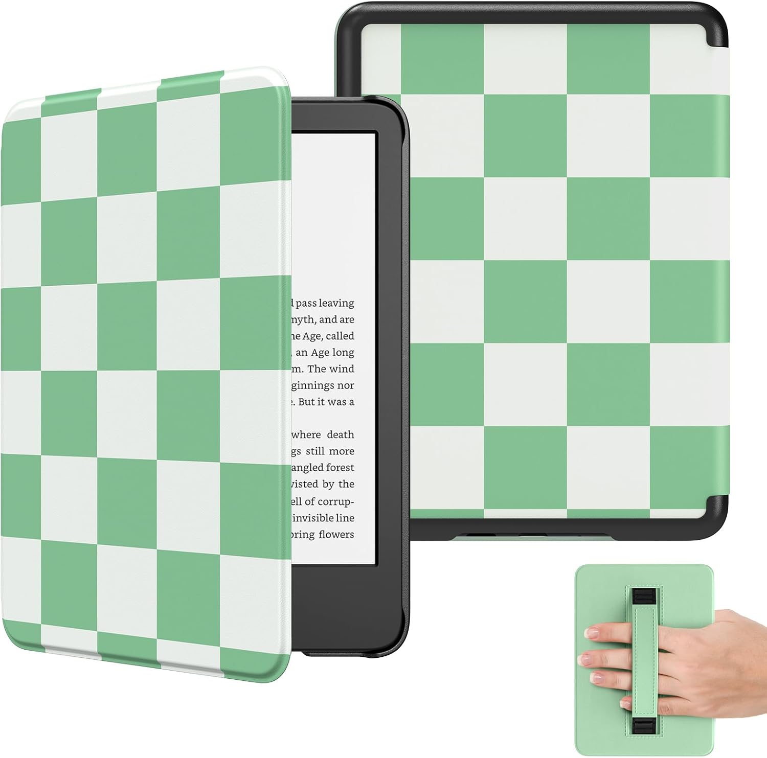 MoKo Case for 6" Ebook Reader(11th Gen 2024/2022 Release), Lightweight Shell Cover with Hand Strap Auto Wake/Sleep for Ebook Reader, NOT for TCL Remarkable Kobo, Green Checkered