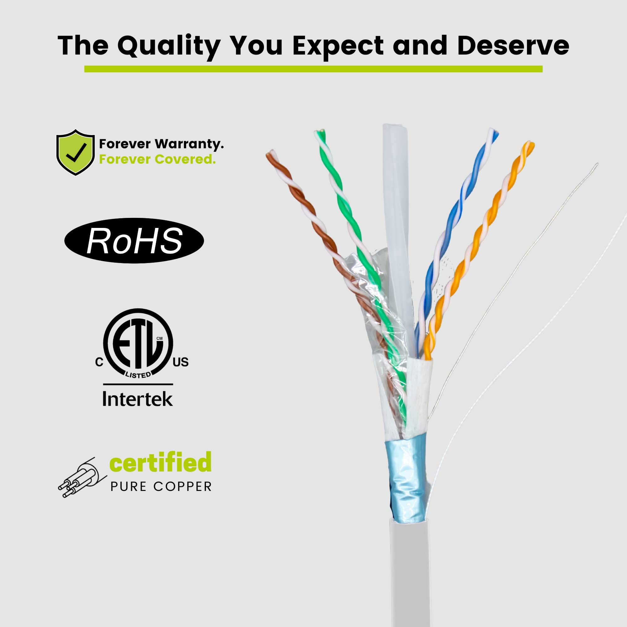 trueCABLE Cat6A Direct Sepoltura, FTP schermato, 1000 piedi, impermeabile, esterno nominale CMX, bianco, rame solido nudo 23AWG, 750MHz, PoE++ (4PPoE), ETL elencato, cavo Ethernet alla rinfusa