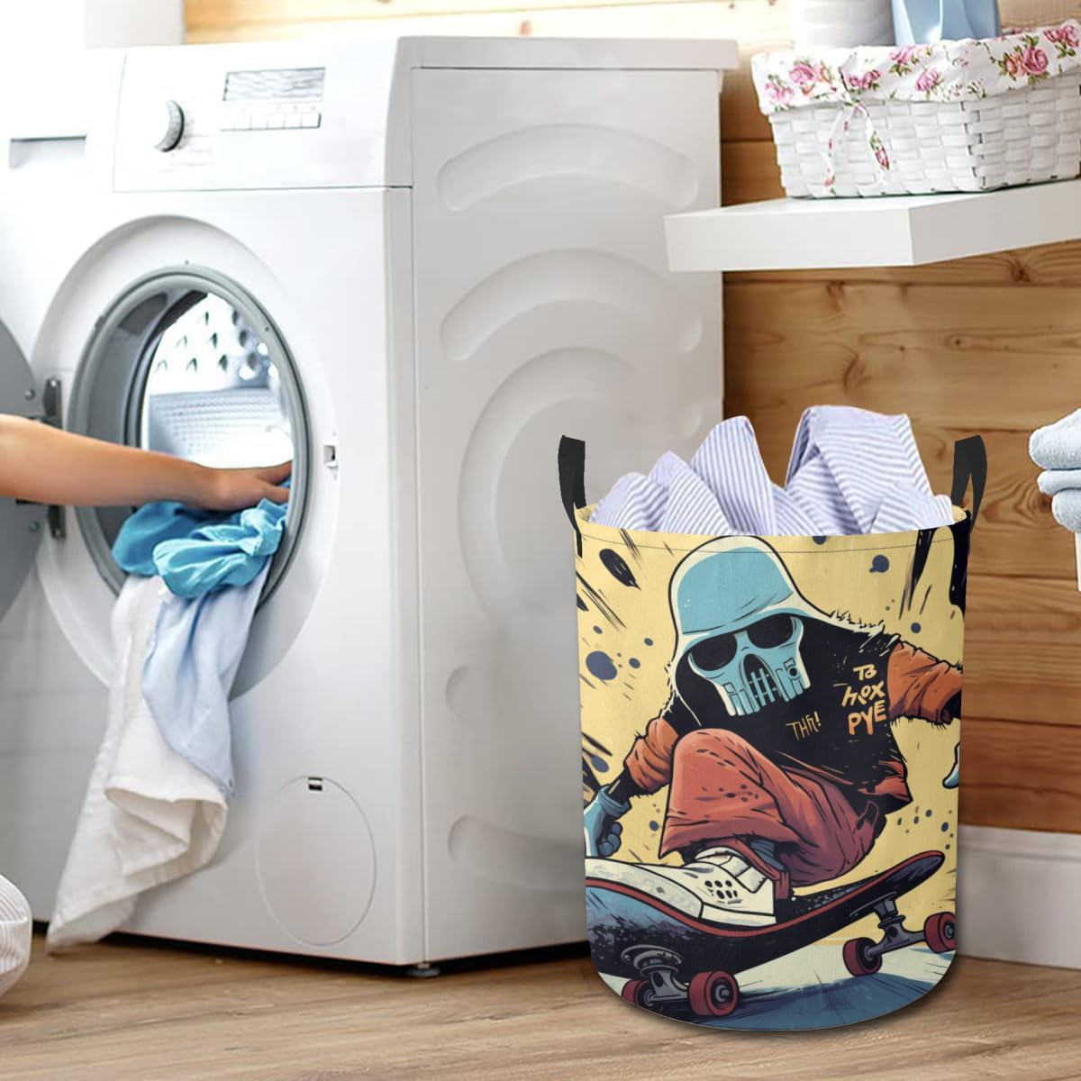 Cool Skull Skateboard Riding Waterproof Foldable Storage Bin, Dirty Clothes Laundry Basket, Canvas Organizer Basket for Laundry Hamper, Toy Bins, Gift Baskets, Bedroom, Clothes, Kids Hamper image 4