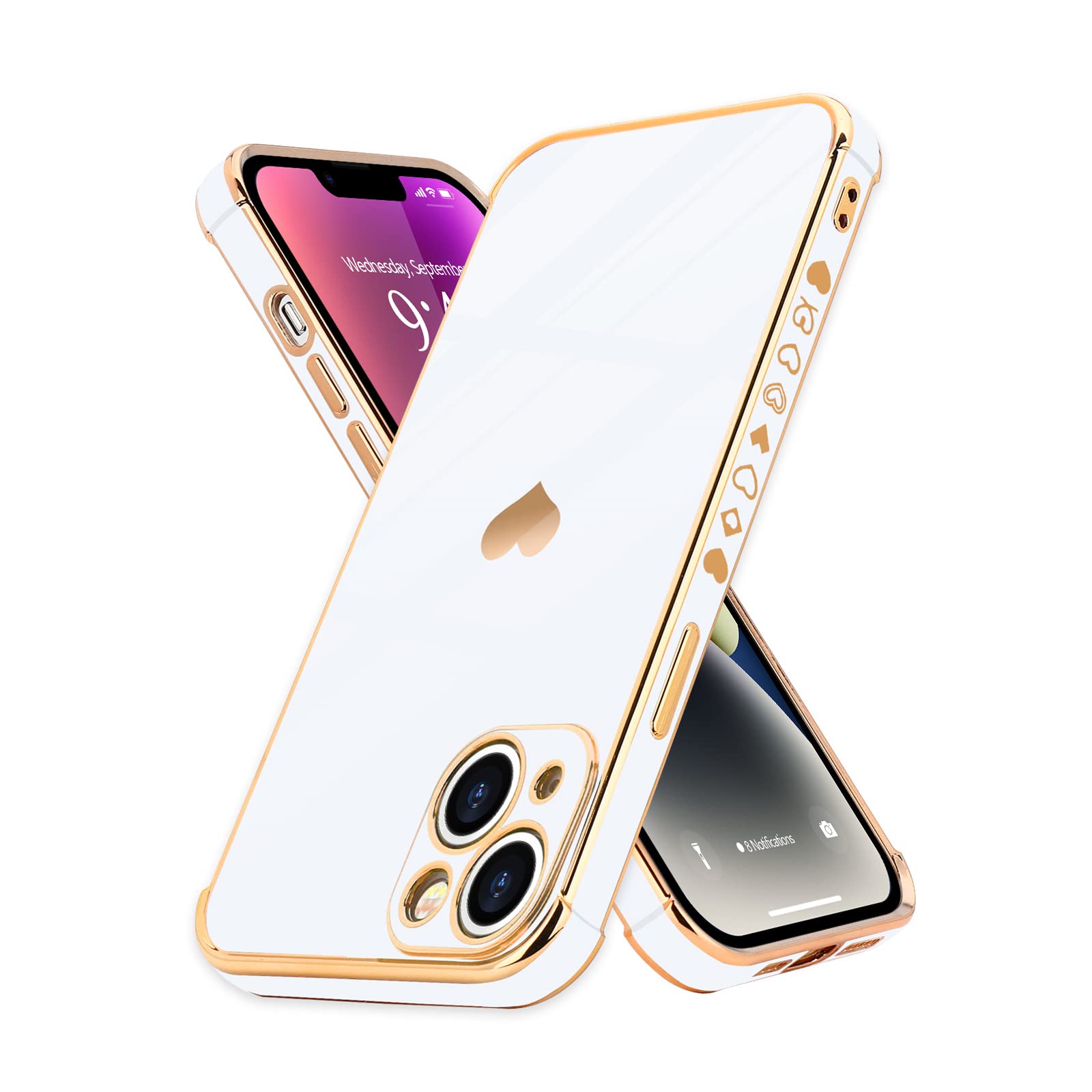 ZTOFERA IPhone 14 Plus Hülle Für Frauen – Weiches Silikon Mit Herz-Muster & Goldenem Rand