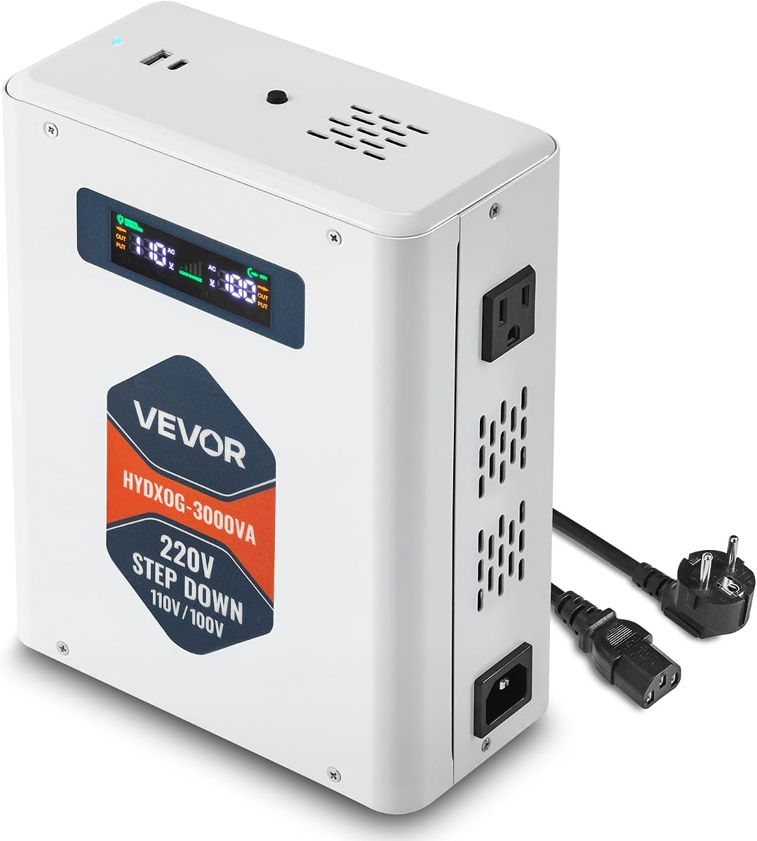 VEVOR Convertidor de voltaje reductor, 3000 VA, convertidor de potencia de voltaje resistente, transformador de potencia de 220 V a 110 V, con 2 salidas estadounidenses, salida USB, pantalla LCD, protección de temperatura, para electrodomésticos de 110 V