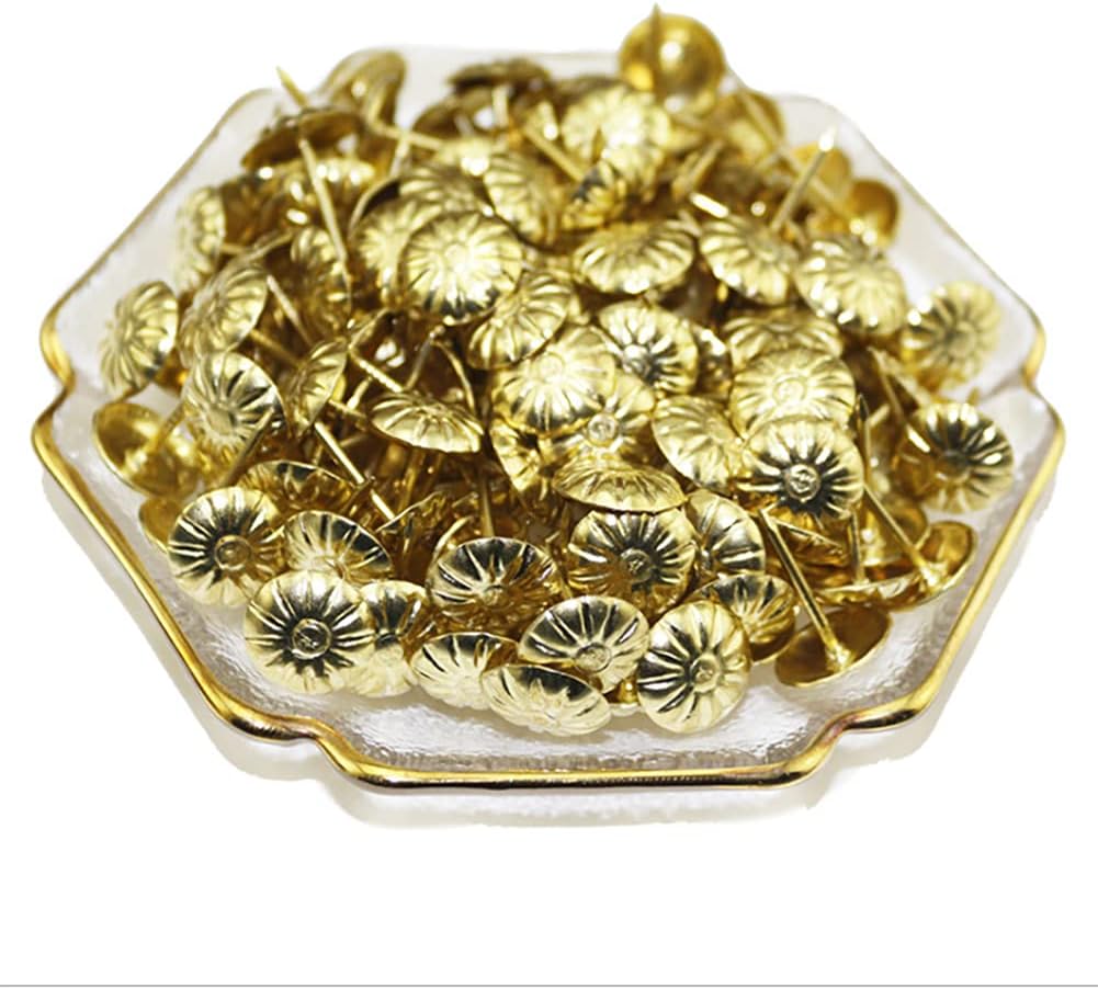 200 Pcs Upholstery Tacks Nails, Furniture Nails for Sofa,Crafts,Decorative Painting, 7/16" Head Diameter (Antique Brass Daisy) (Golden)