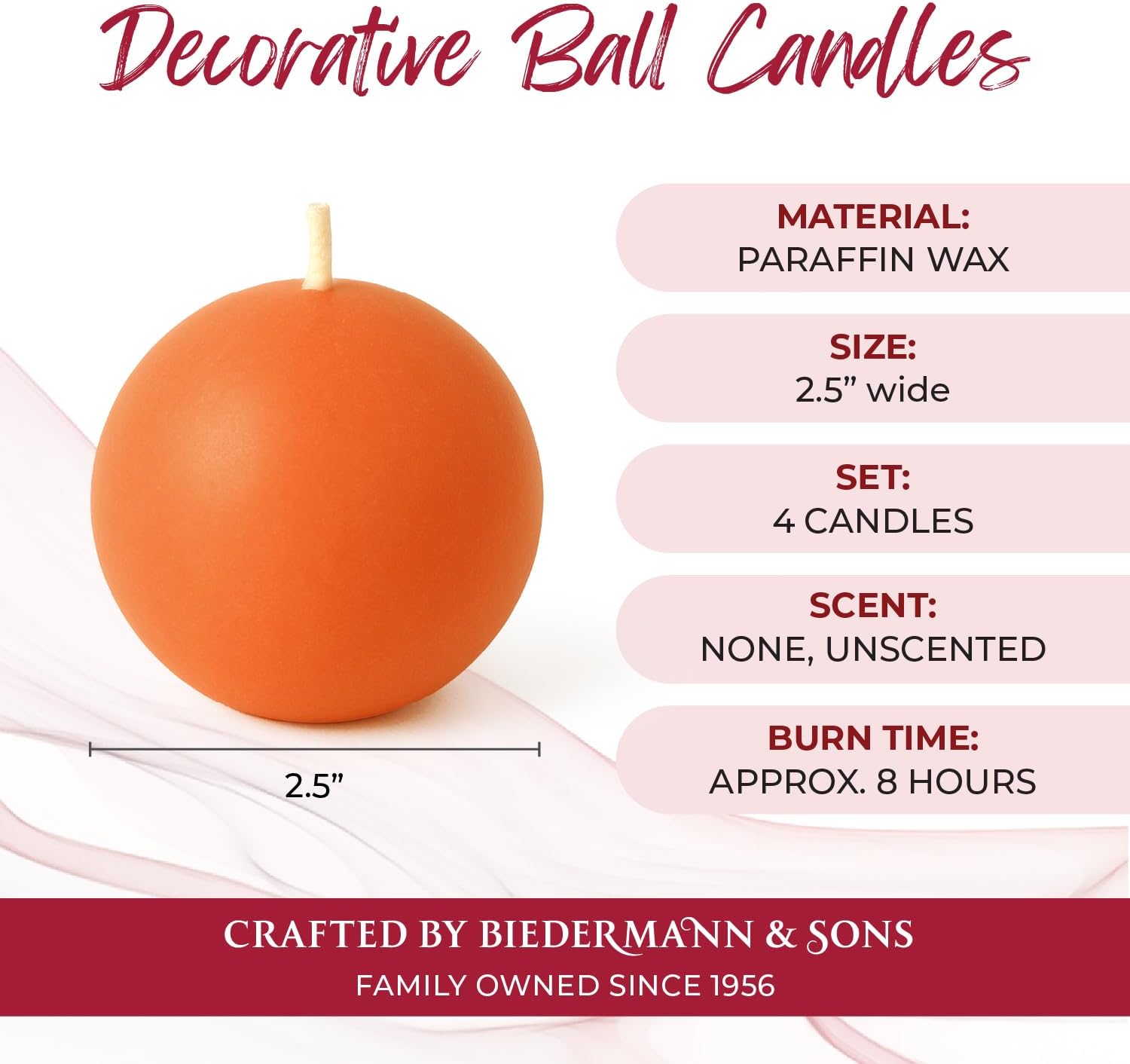 Biedermann & Sons Cantaloupe Round Candles (Set of 4), Unscented Dripless Balls, 2.5" Spheres, 8 Hour Burn, for Table Centerpieces and Seasonal Styling