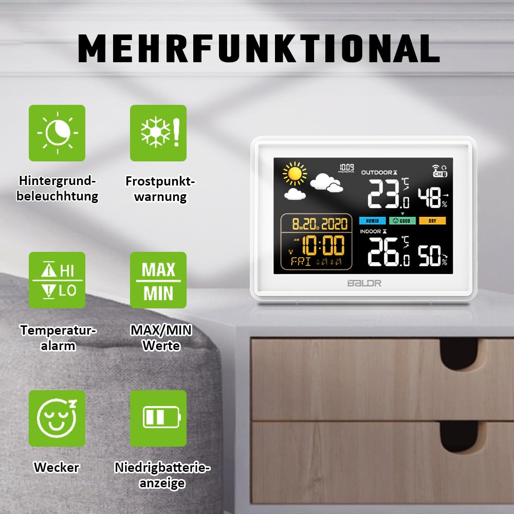 Konsen Wetterstation funk mit Außensensor DCF Funkuhr, Farbdisplay mit großen Zahlen von Innen und Außentemperatur, dauerhafte Beleuchtung, Wettervorhersage, Luftdurckanzeige