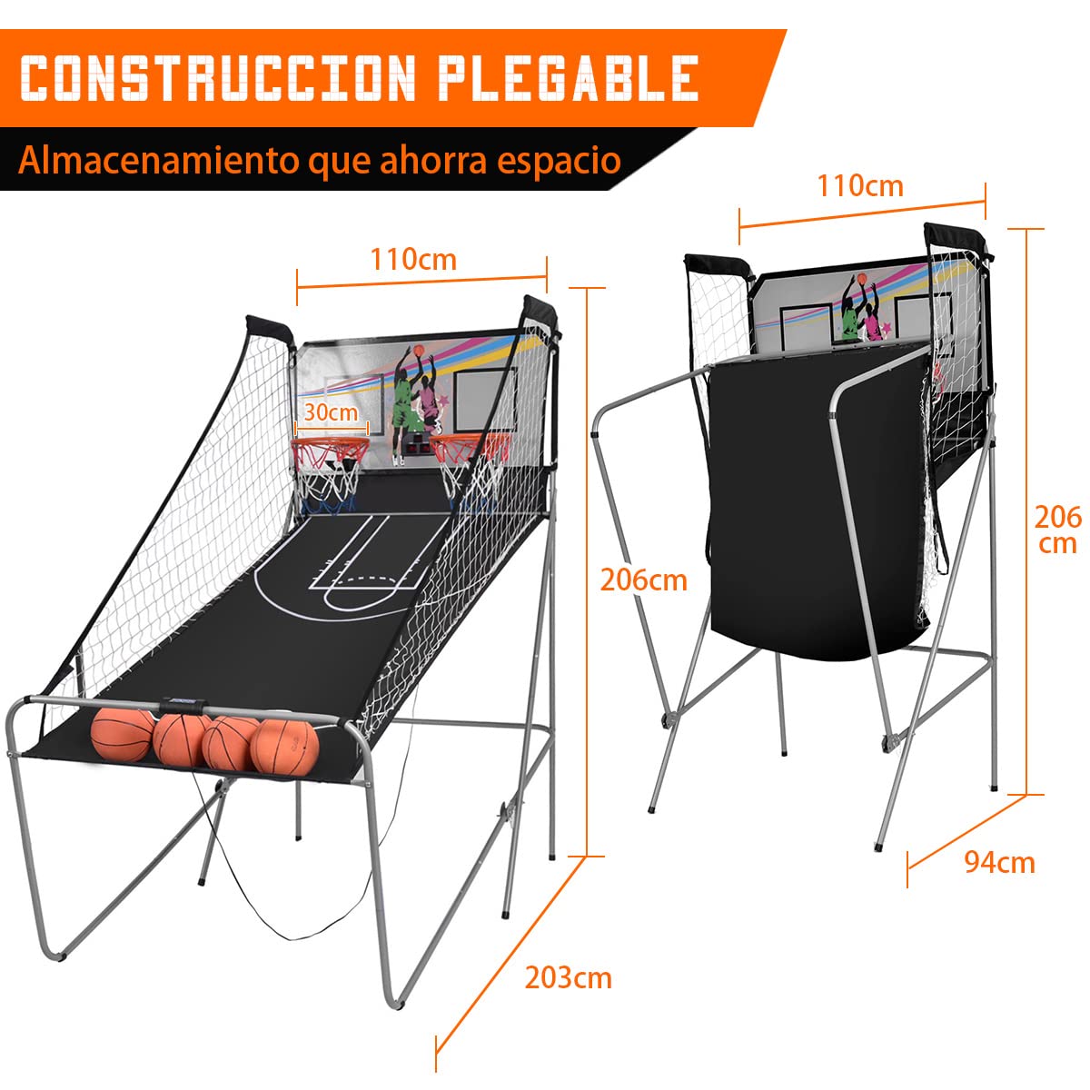 COSTWAY Juego de Canastas Plegable Máquina de Baloncesto Juguete Contador y Marcador Electrónico con Soporete Red Cesta de Baloncesto 4 Baloncestos