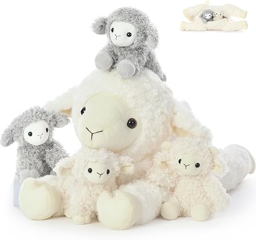 Tezituor Juego de 5 Animales de Peluche de Cordero, Peluche Grande de Oveja Mamá de 20 Pulgadas con 4 Lindos Bebés Cordero, Almohada de Felpa de