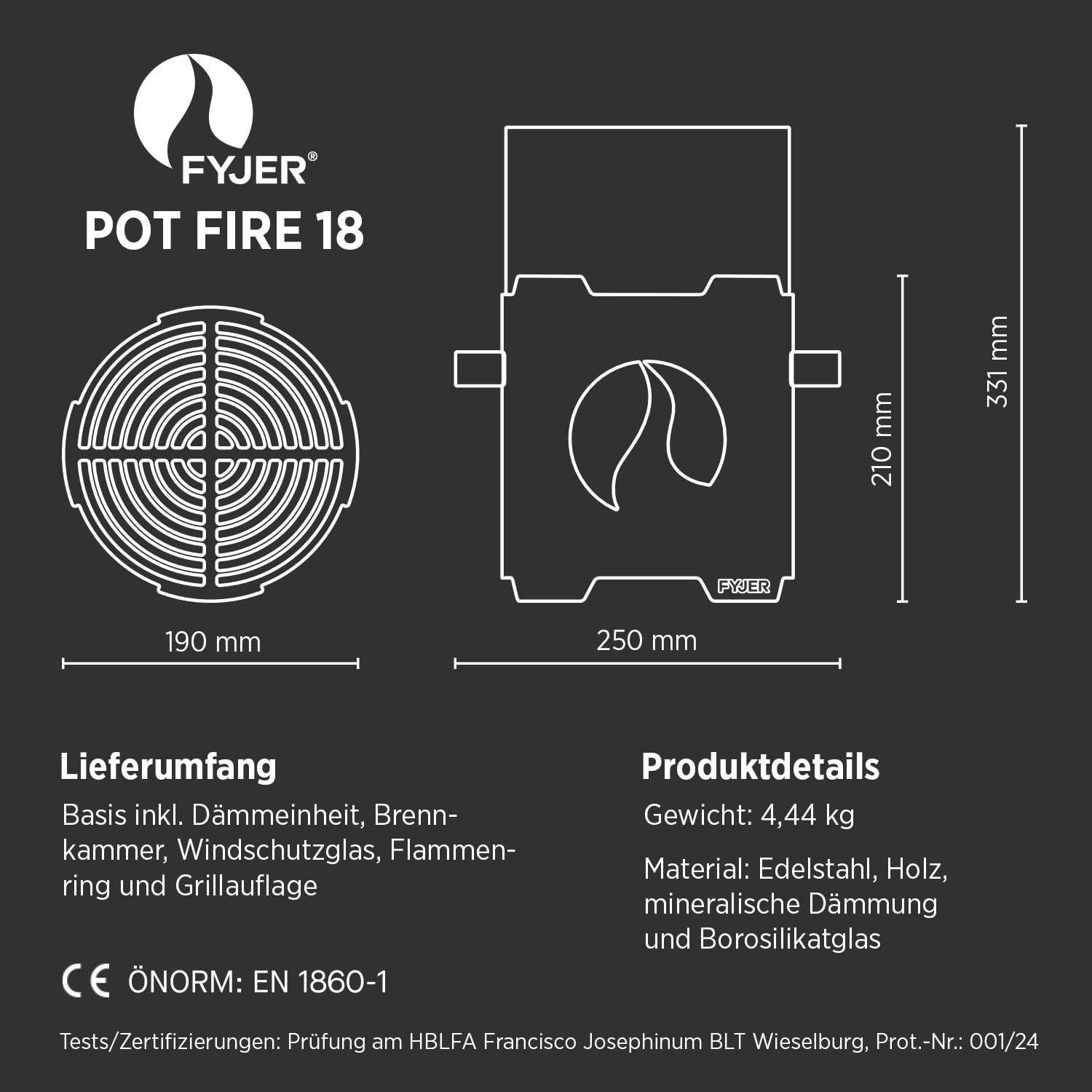 FYJER Pot FIRE 18 Feuerstelle | Vielseitige Feuerschalen für den Garten | Fire Pit aus Edelstahl mit Windschutzglas & Flammenring | Feuerkorb & Feuerschale mit Grillrost | Feuertonne für den Garten