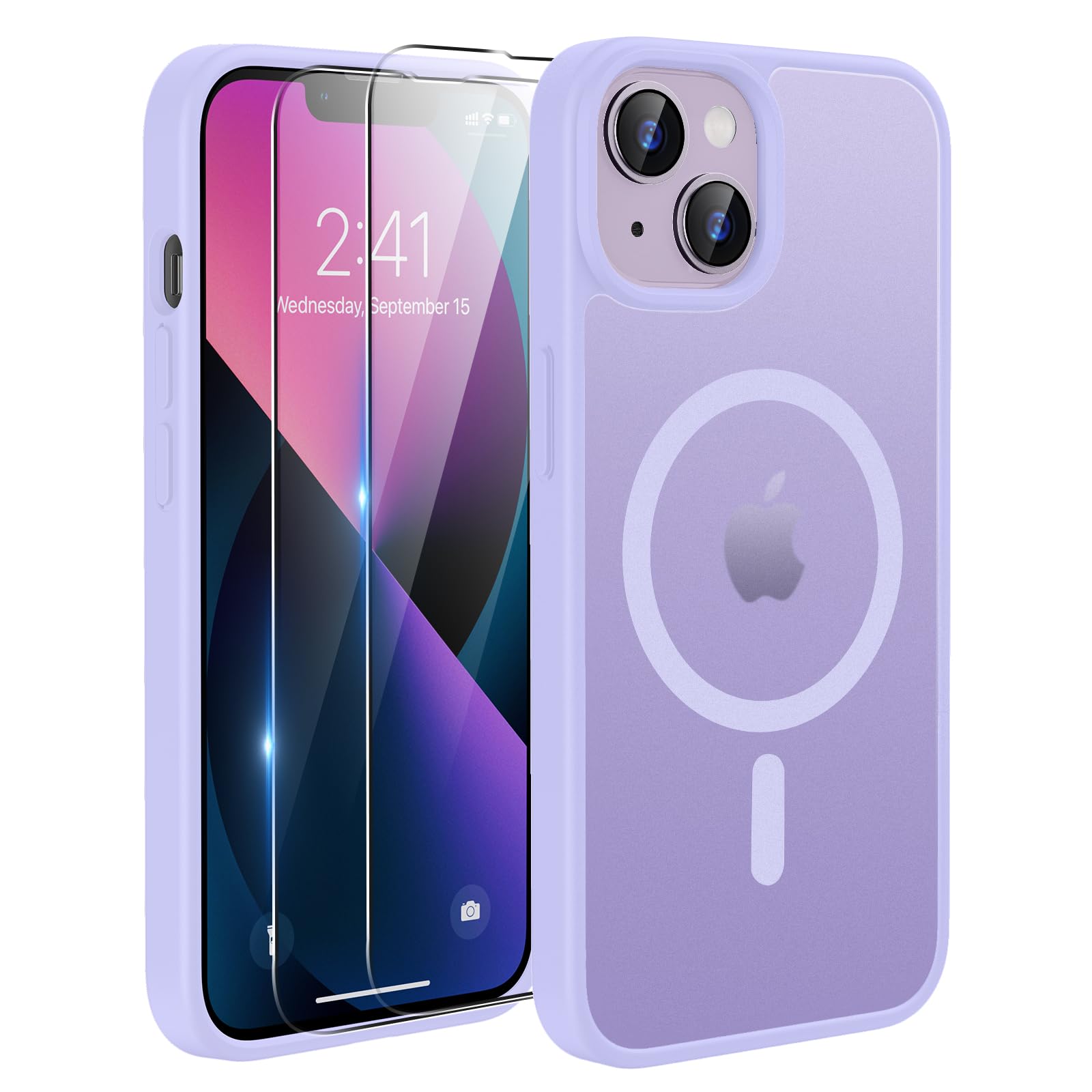 TQIAHF Cover Custodia Magnetica per iPhone 13 / iPhone 14, Viola | 2 Pellicola Vetro Temperato Protezione Schermo Compatibile con Magsafe Militare Antiurto Sottile Opaca Telefono Case