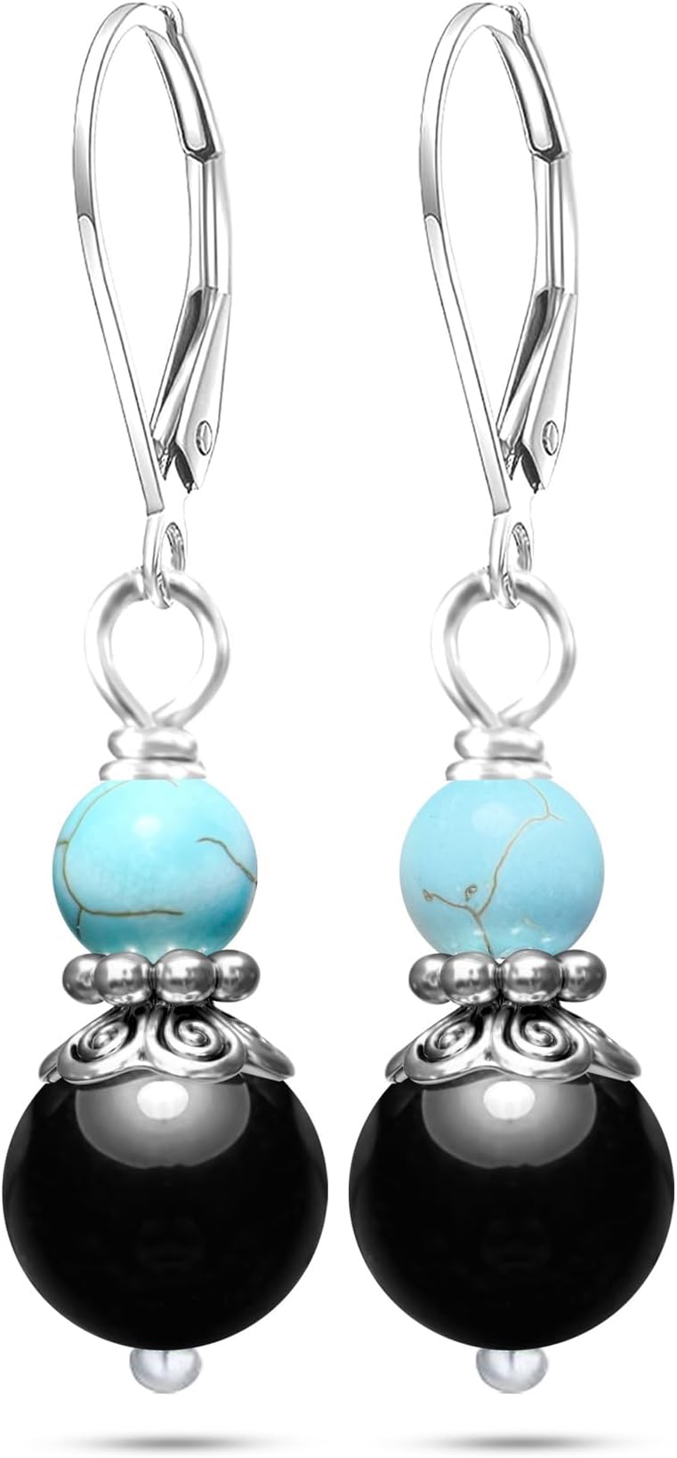 Silver Turquoise Stone Two Beads Drop Earrings,Genuine Real Crystal Quartz Gemstone Dangle Dangling Earrings,Boho Bohemian Beading Jewelry for Women Her
