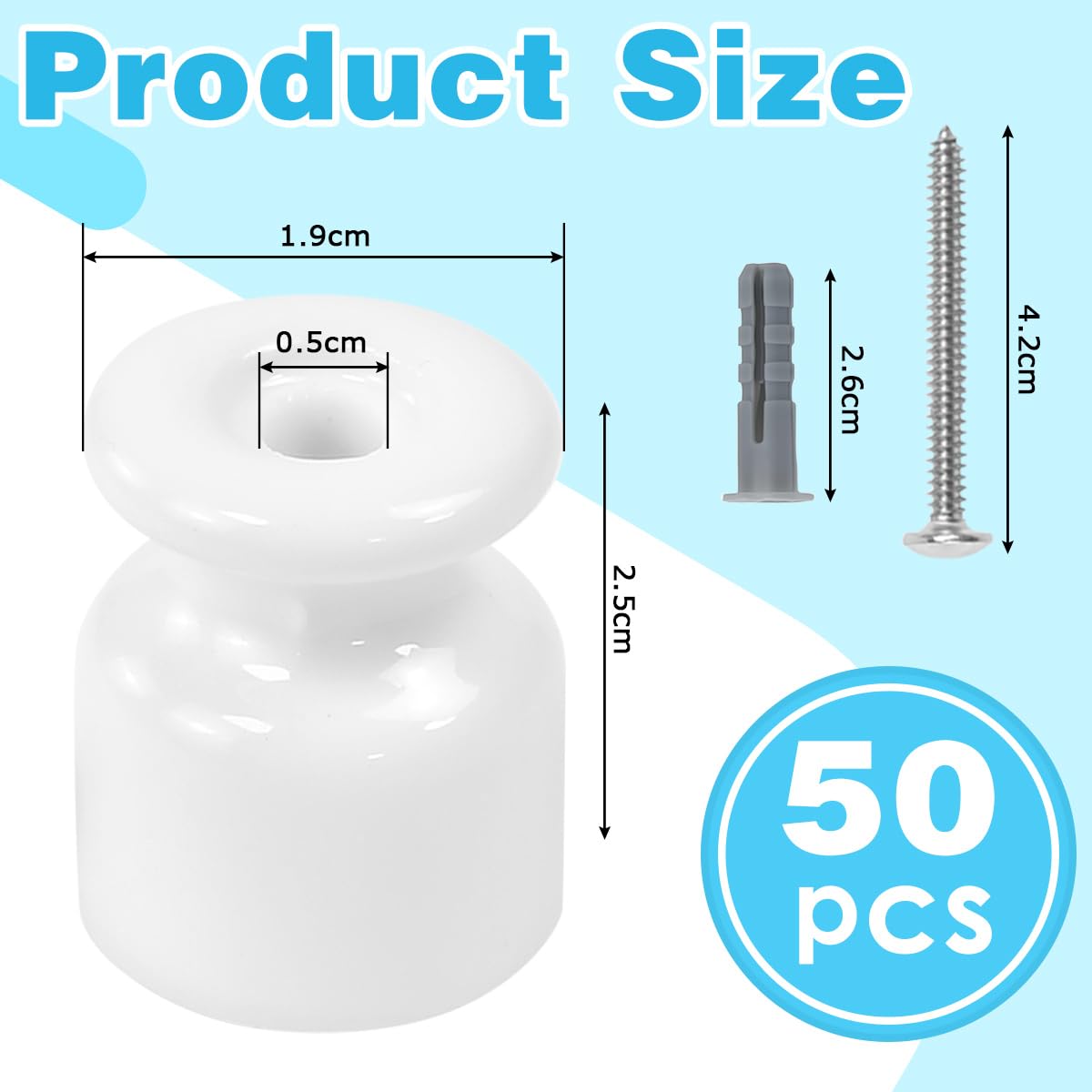 50PCS Aisladores de Porcelana para Cable Trenzado Ø19 mm, Abrazadera Cable Porcelana, Aisladores de Ceramica Blanco, Aislante dePorcelana con Tornillos y Tacos para Seguridad deCable Eléctrico
