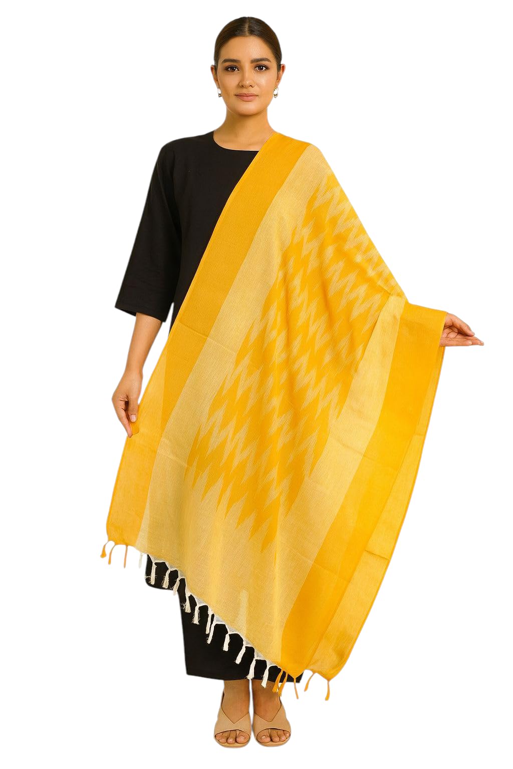 sahina dupatta Elegant Ikat cotton dupatta with traditional zig-zag pattern. Soft, breathable fabric with stylish tassel edges. Perfect for casual and ethnic wear.-picture-12