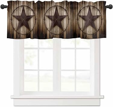 Western Texas Star Window Curtain Valance for Living Room/Kitchen/Bathroom/Farmhouse, Retro Rustic Wooden Boards Short Rod Pocket Tier Curtain Window Treatment, 1 Panel 42x12