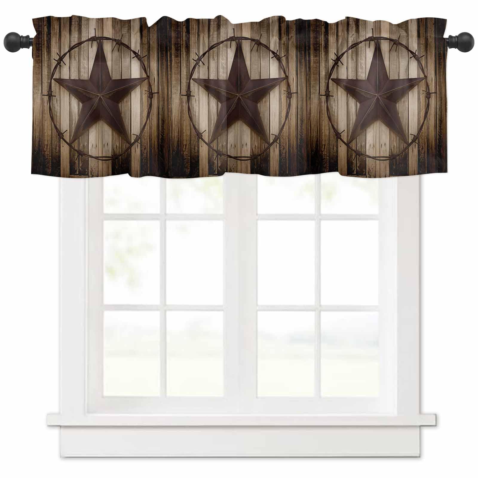 Homechoid Western Texas Star Window Curtain Valance for Living Room/Kitchen/Bathroom/Farmhouse, Retro Rustic Wooden Boards Short Rod Pocket Tier Curtain Window Treatment, 1 Panel 54x18