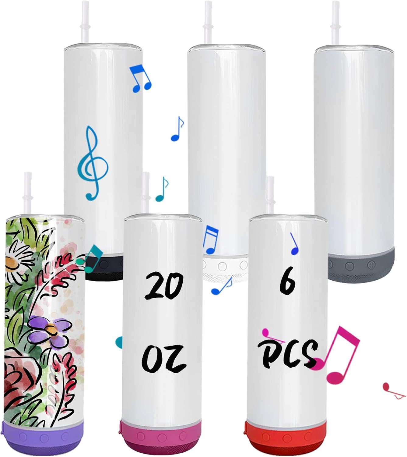 6 Pack 20 OZ Sublimation Blank Tumblers Bulk Stainless Steels Double Vacuum Bluetooth Speaker Music Insulated Tumbler with Lid and Straw Heat Transfer Cup Multicolor