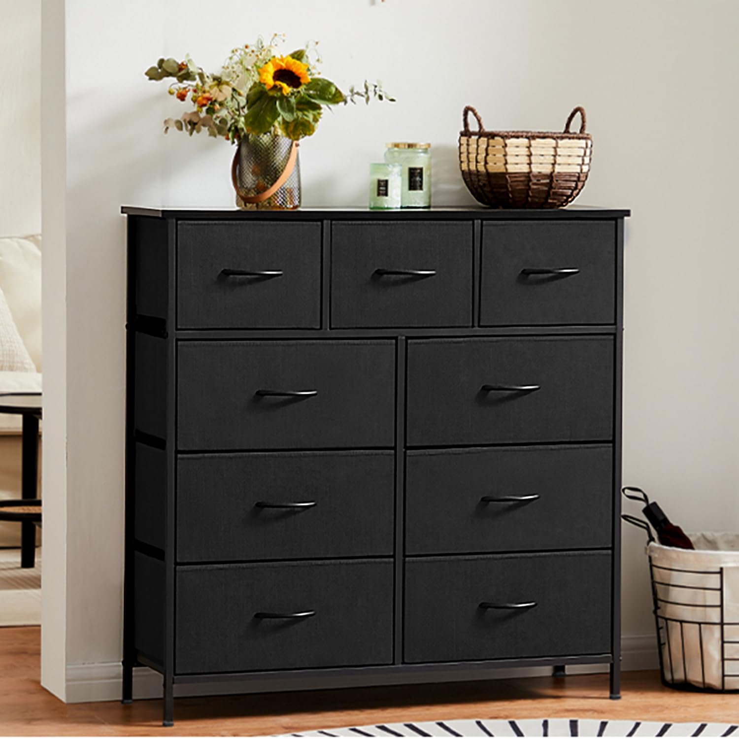 DUMOS Chest of Drawers with Drawers - Chest of Drawers  Sideboards Suitable for Bedroom, Chest of Drawers with 9 Drawers, Fabric Chest of Drawers with Sturdy Steel Frame, Ideal for Bedroom, Living Room ⟮Black⟯