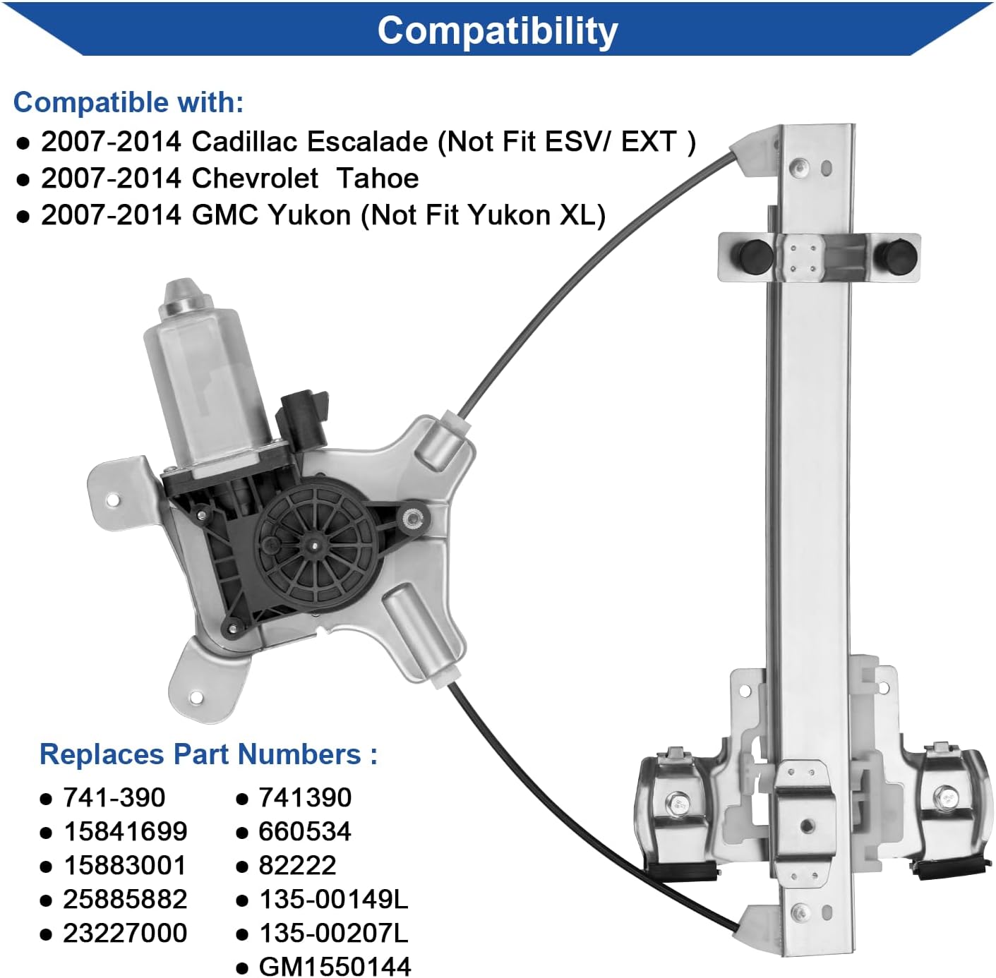 Obaee 741-390 Rear Left Driver Side Power Window Regulator with Motor Compatible with Cadillac Escalade 2007-2014/ Chevrolet Tahoe 2007-2014/ GMC Yukon 2007-2014, Replace OE 15841699, 15883001