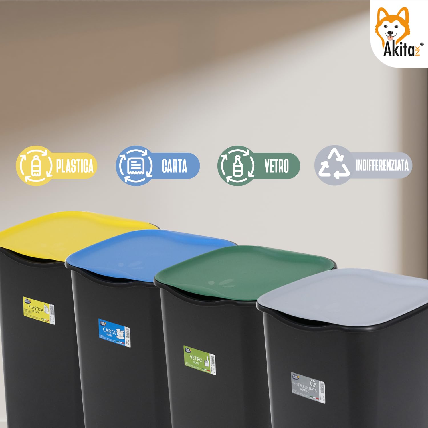 AKITAInk - Set 4 Bidoni per Raccolta Differenziata da 50L - Modello AKIJAZZ4 | Soluzione Pratica per una Separazione Facile e Ordinata dei Rifiuti - Made in Italy