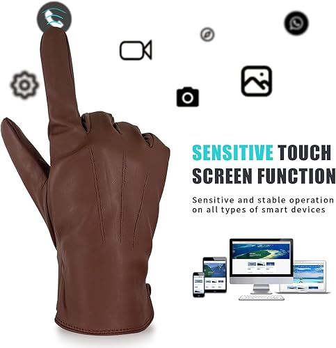 Miniatura 2 de ZLUXURQ Guantes de cuero de lujo para hombre con forro de cachemira, suave y cómodo piel de cordero Touchsreen