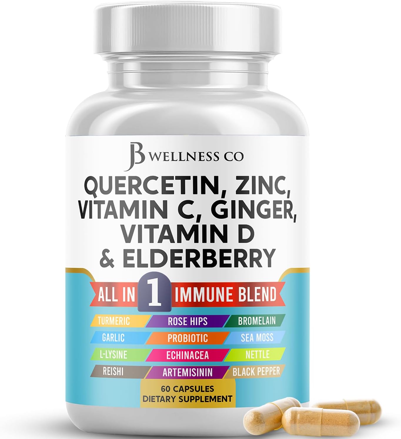 JB Wellness Co Quercetin Zinc Vitamin C Vitamin D Bromelain Elderberry - Nettle Supplement with Artemisinin, Sea Moss, Echinacea - 120 Count