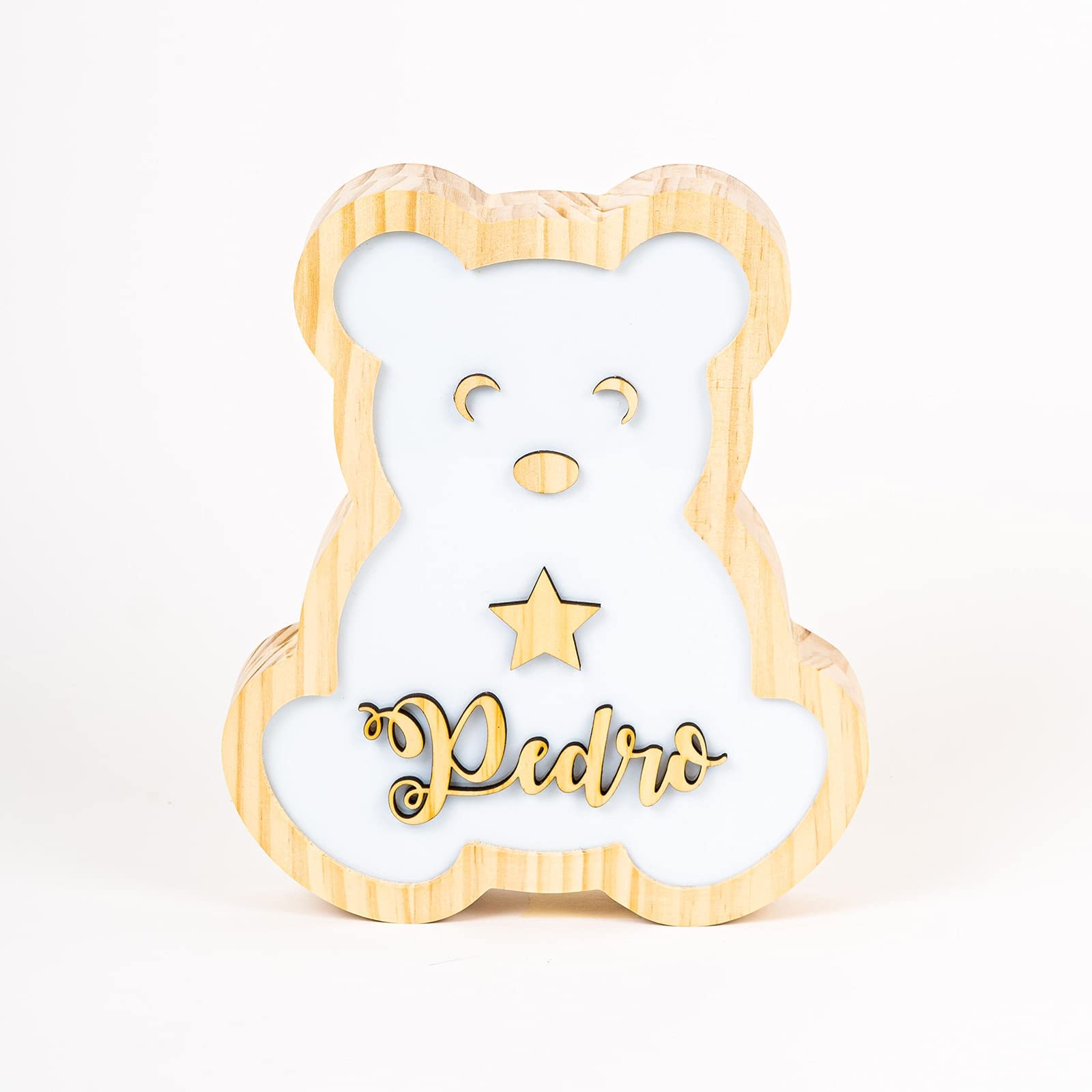 [ PINE & KIDS ] Lámpara Osito infantil personalizada con Nombre. Lámpara quitamiedos con nombre en madera para niños y bebés. Incluye adaptador de corriente.