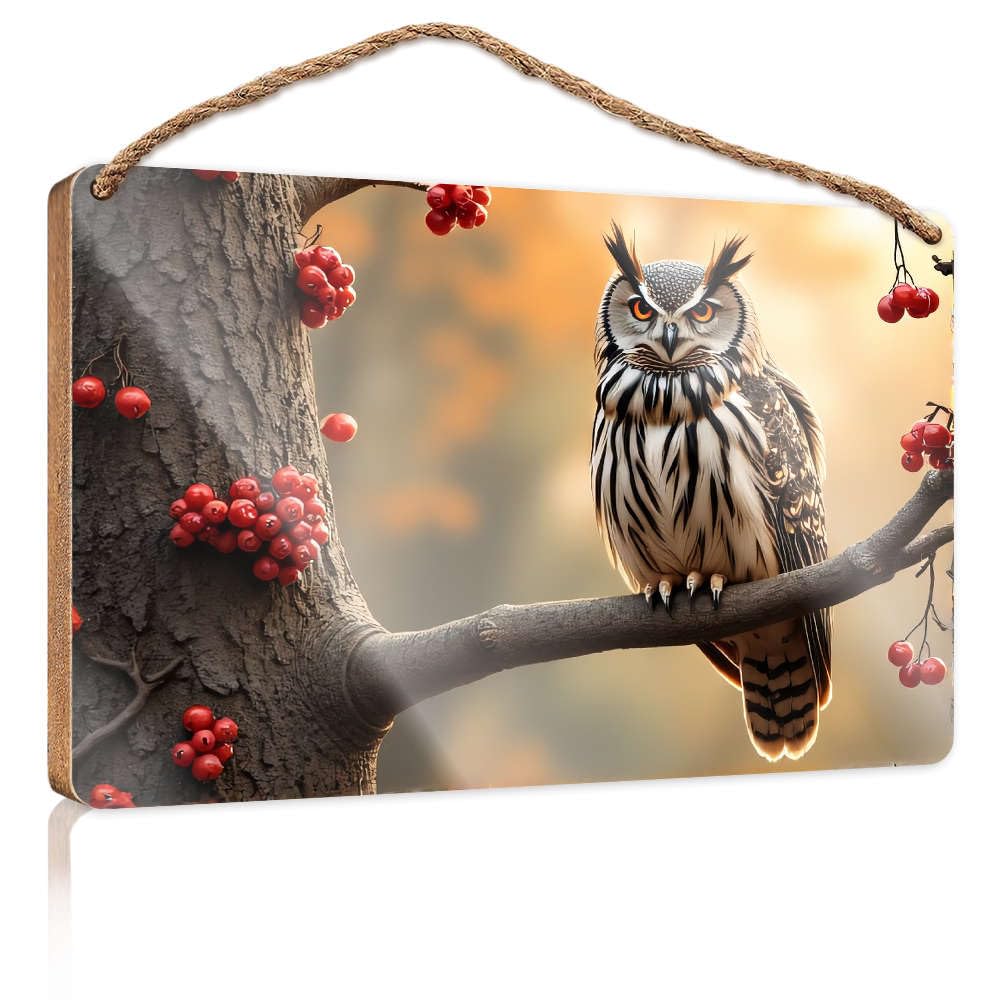 Wood Door Sign Owl Perched On Branch With Red Berries. Bar Signs For Home Decor Posters For Teens(15X28CM)