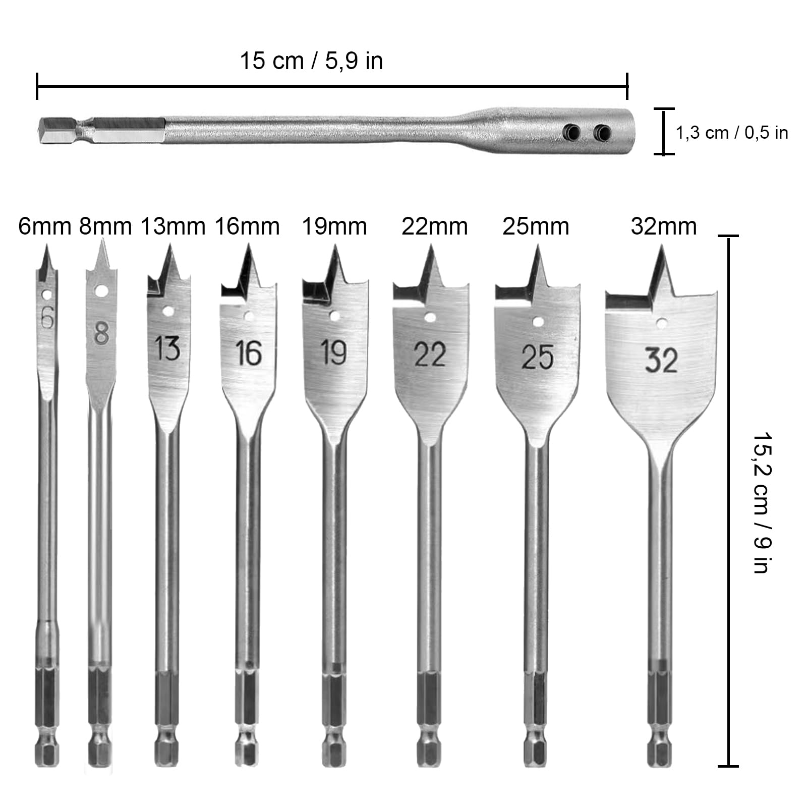 9-Teilig Flachfräsbohrer Set, 8x Flachfräsbohrer 6-32mm für Holz, Kohlenstoffstahl, Sechskantschaft, für Holzbearbeitung