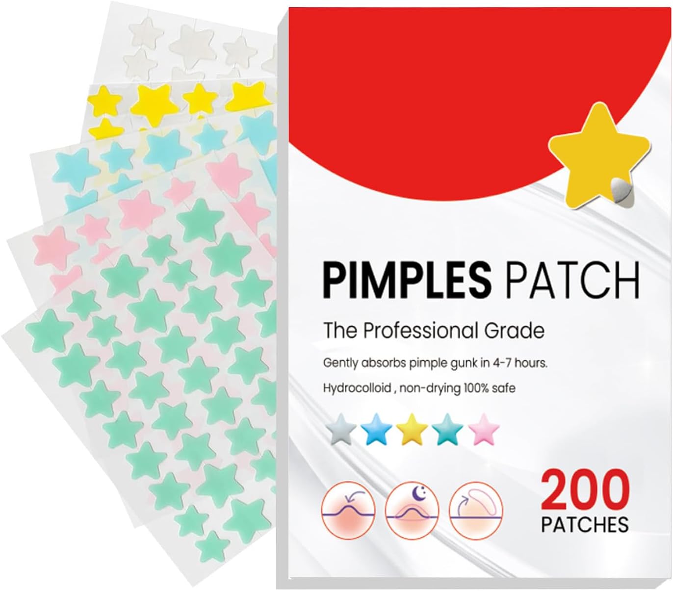 200pcs Hydrocolloid Acne Patches,Acne Patch Pimple Patch,Hydrocolloid Patches for Pimples, Blemishes, Zits, Acne Patches for Face