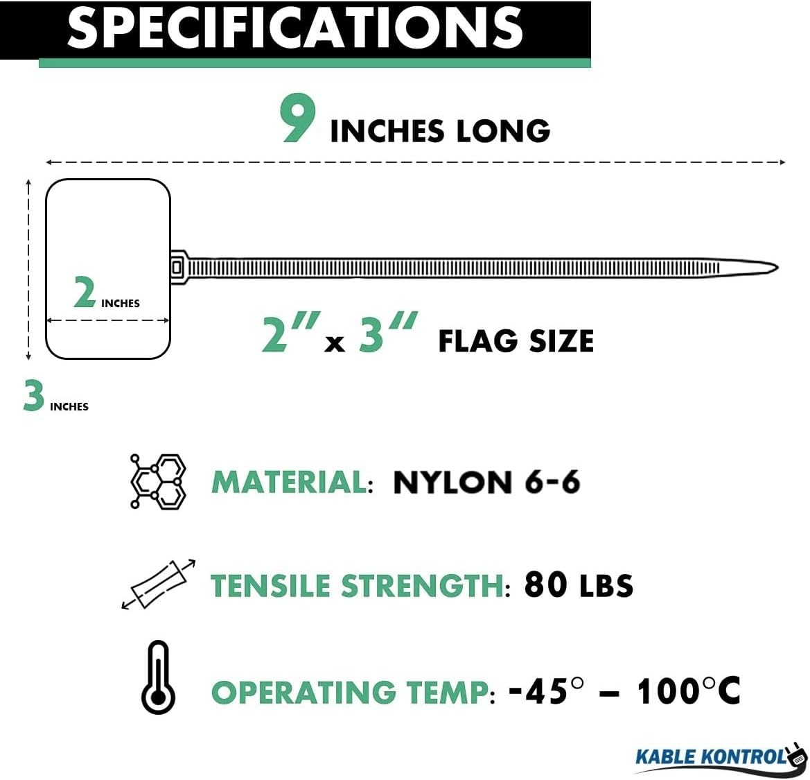 Kable Kontrol Cable Marker Zip Ties, 9 Inch 1000 Pcs Large ID Flag Label Straps, Self-Locking Write on Tags for Ethernet, Power, and Cord Labeling - Green