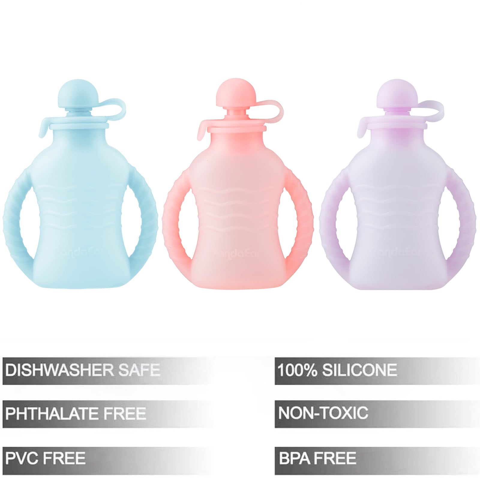 PandaEar Lot de 3 Gourdes Réutilisables en Silicone pour Nourriture Bébé avec 3 Cuillères Doseuses & Entonnoir | Pochette de Conservation Alimentaire 120 ml avec Poignée | Gourdes Squeeze sans BPA pou