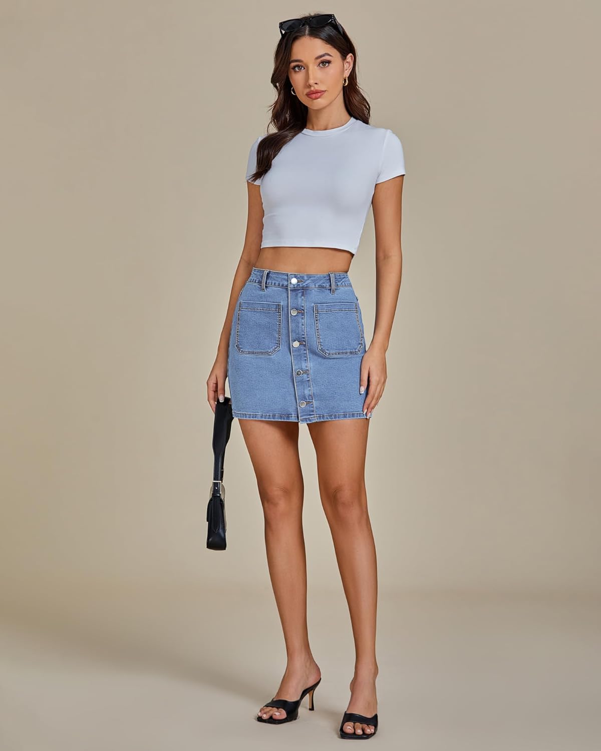 luvamia Jean Skirts for Women Denim High Waisted Trendy Stretchy Mini Button Front Short Pencil Skirt with Patch Pockets - Image 5