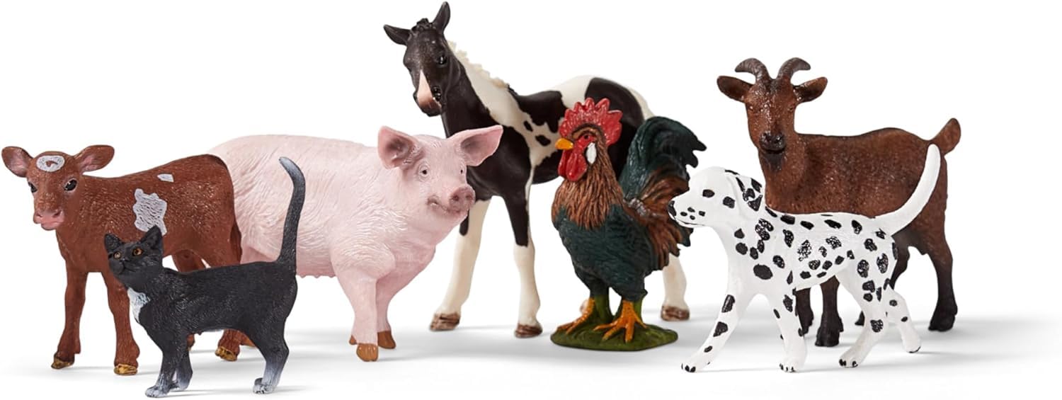 Schleich Farm World | Bauernhof Tiere Set 77533 mit Hund, Katze, Schwein, Ziege, Kuh, Pferd und Hahn | detailliertes Spielset aus 7 Teilen | Bauernhof Spielzeug ab 3 Jahre | exklusiv bei Amazon