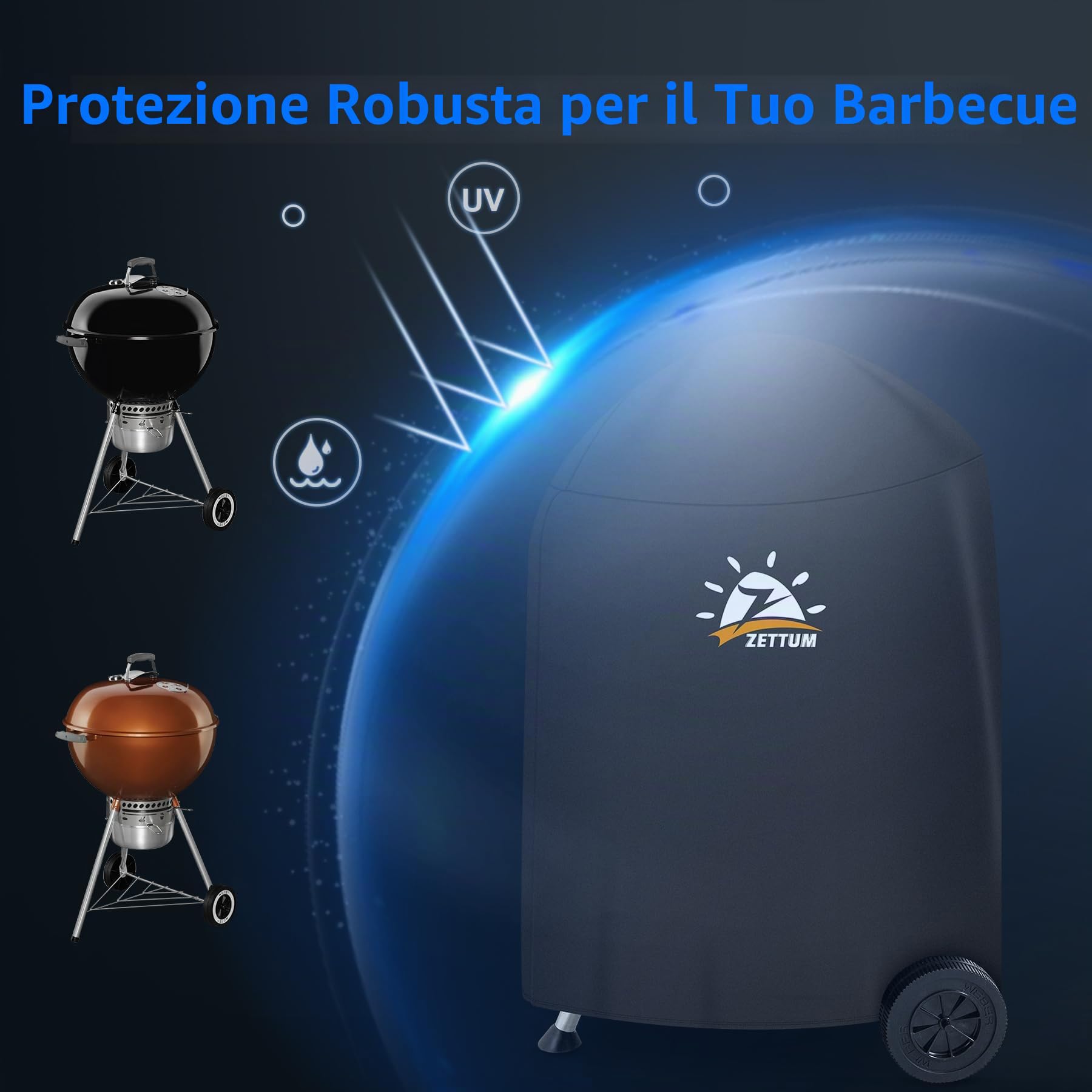 Zettum Copertura Barbecue per Weber 57 cm, Copri da Esterno BBQ Impermeabile, Telo Protettivo Carbone 600D Oxford in PU per Master Touch, Griglia Originale per Bollitore (Φ63 x 88 cm)