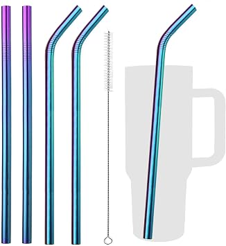 VEHHE Metal Stanley Straw, 12.5-inch Long Stainless Steel Stanley Cup Straw, 4 Pack Reusable Drinking Straws with Cleaning Brush for Stanley Cup AccessoriesRainbow