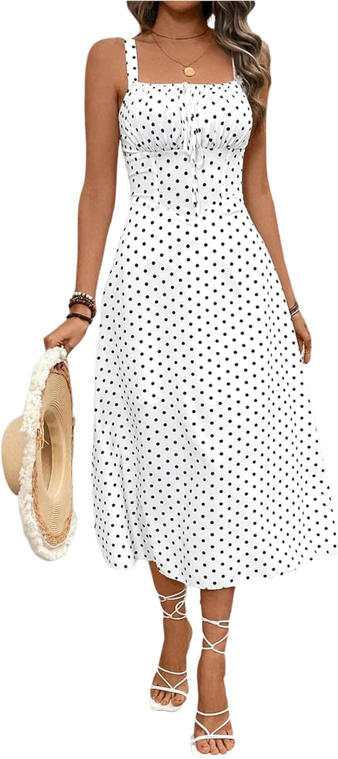Floerns Women's Polka Dots Square Neck Tank Dress Ruched Bust Knot A Line Midi Dresses