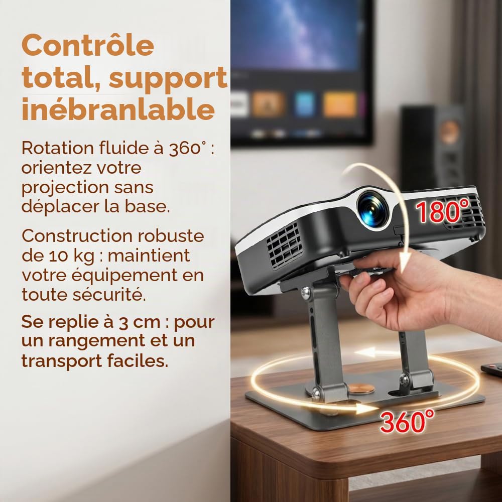 Support de Videoprojecteur Projecteur, Support de Projecteur Rotatif à 360° Support Videoprojecteur Surface de la Table Support Pliable pour Projecteur avec Interface à Vis 1/4" Noir