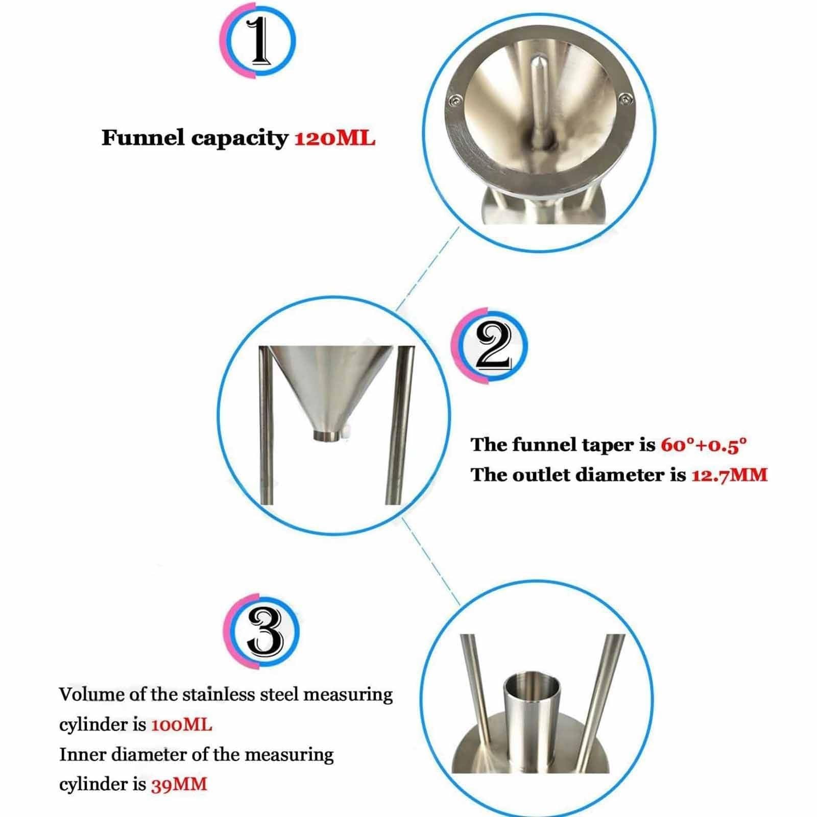 Este medidor de Densidad aparente, de Acero Inoxidable, para apilamiento Natural, con Abertura de Embudo de 12,7 mm, Incluye un Vaso medidor de 100 ml.