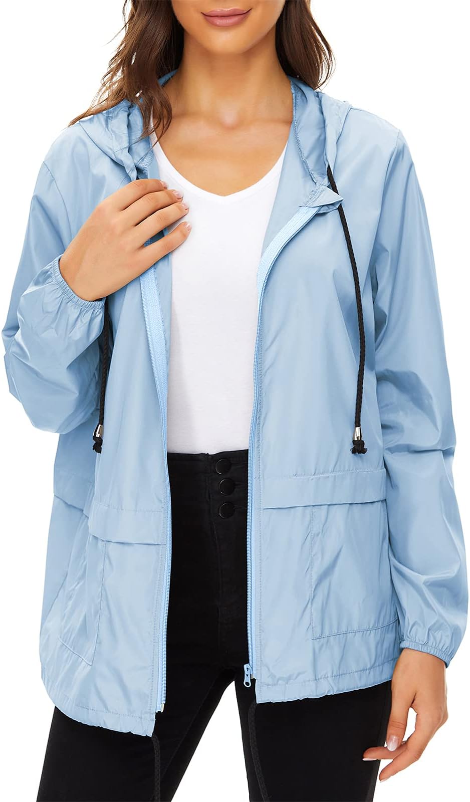 Century Star Womens Rain Jacket Waterproof with Hood, Lightweight Packable Windbreaker for Travel Bomber Style