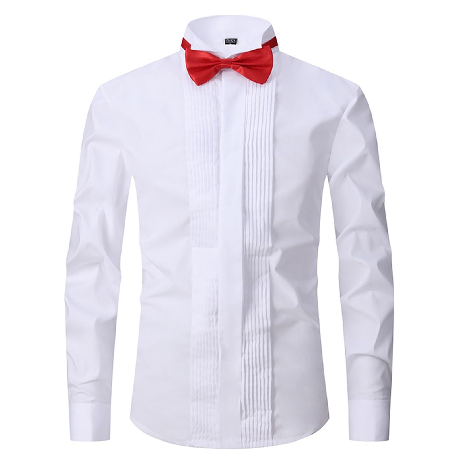 Chemise de smoking pour homme - Col rabattu - Chemise boutonnée - Plis avant - Manches françaises avec 2 nœuds papillon - Couleur unie
