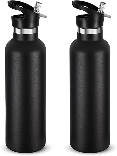 Miniatura 40 de Neihepal Botellas de agua de acero inoxidable plateadas, botella de viaje de doble pared aislada al vacío de 24 onzas con tapa de popote a prueba de