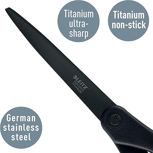 Miniatura 3 de Leitz Tijeras de titanio, para diestros o zurdos (ambidiestros), 8.071 in, antiadherentes, papelería de oficina, mango ergonómico, color negro